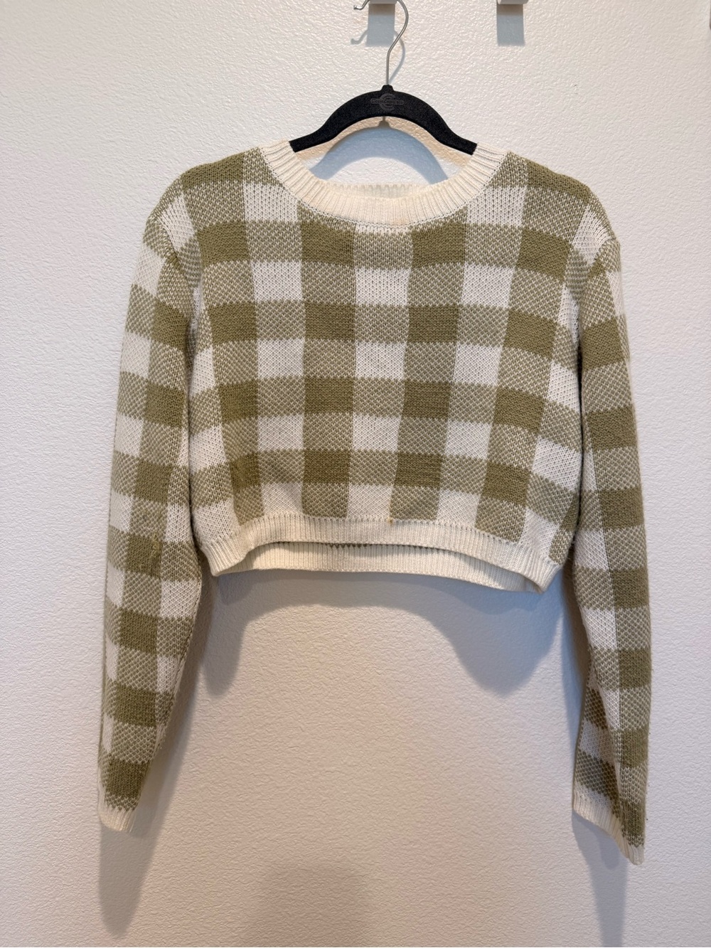 Crewneck Cropped Checker Knit Sweater - Olive & Cream
